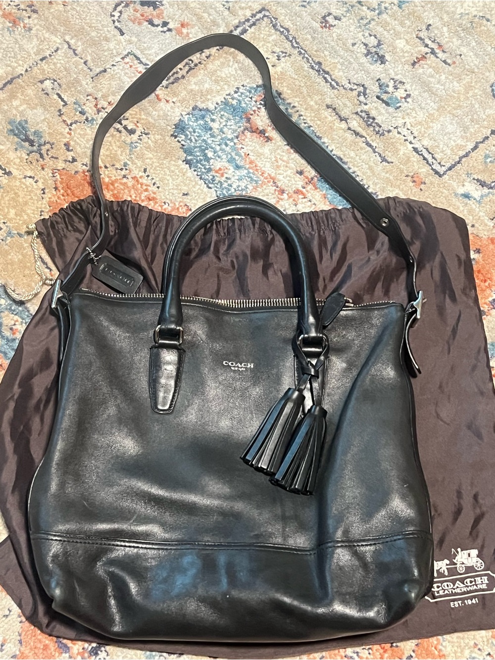 COACH Rory North/South Black Leather Satchel with Tassel Details